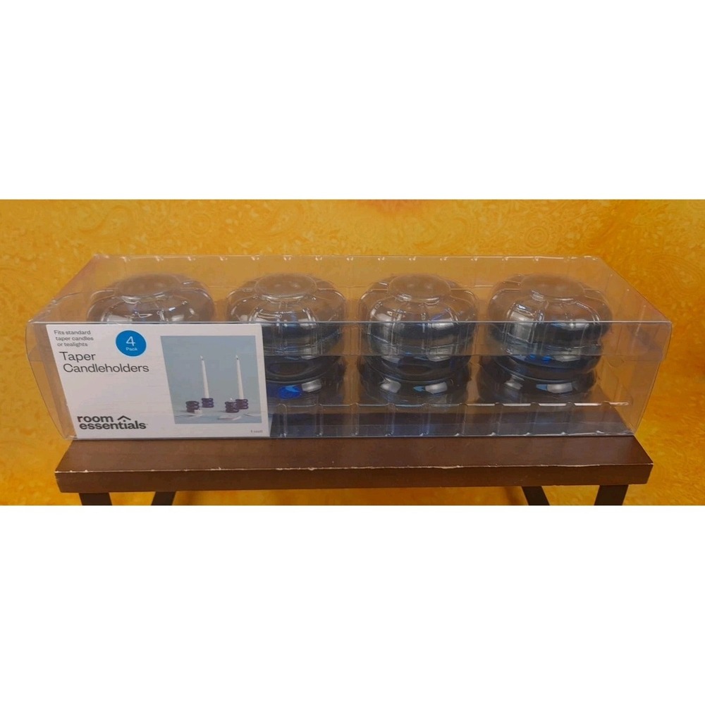 Room Essentials 4 Pack Cobalt Blue Bubble Glass Taper Candle Holder 2 3/4" Tall
